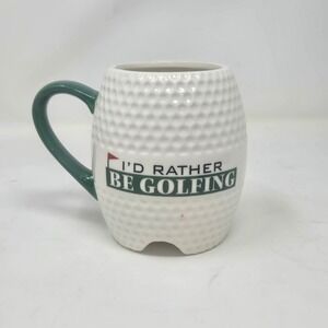 I'd Rather Be Golfing Golf Ball Shaped Ceramic Coffee Mug White Green Novelty